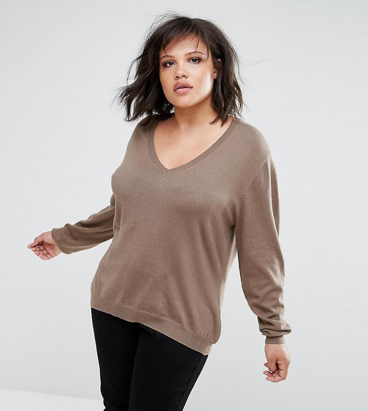 Elvi Brown V Neck Sweater - Brown