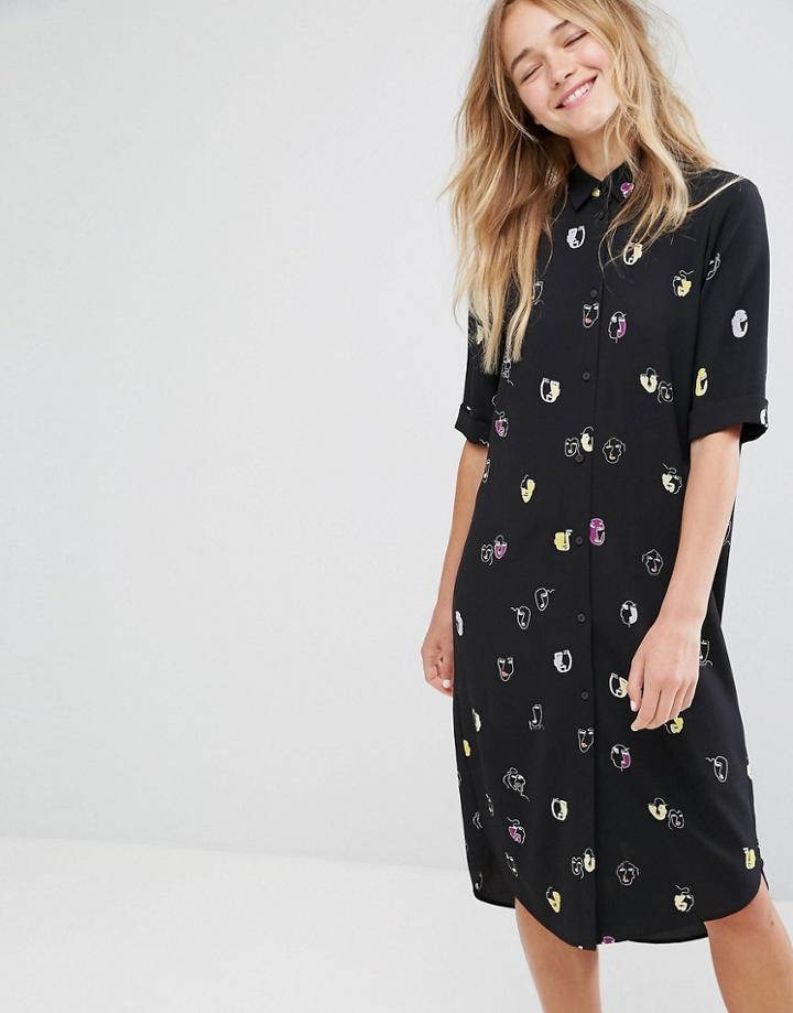 Monki Faces Print Shirt Dress - Black