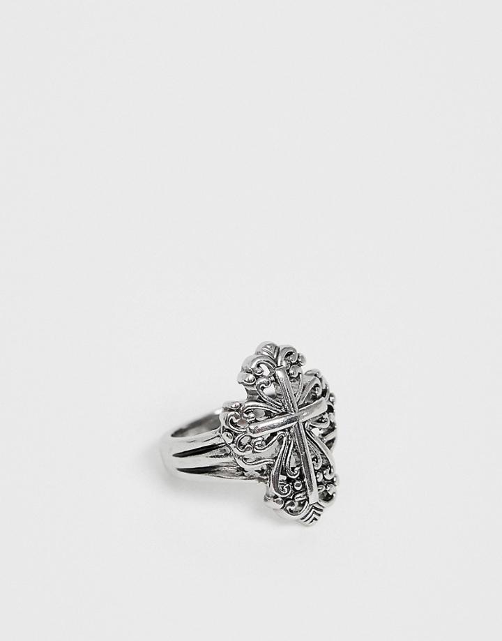 Uncommon Souls Statement Engraved Cross Ring In Silver