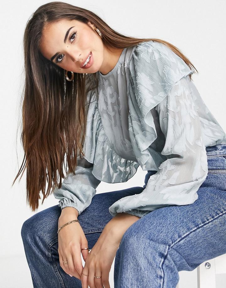 Lipsy Ruffle Burnout Blouse In Blue-blues