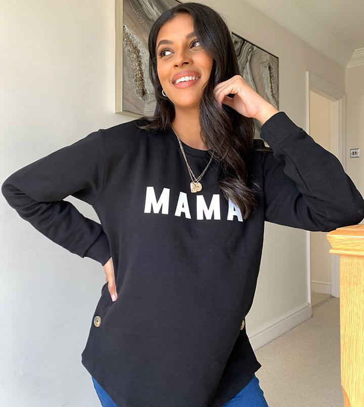 Asos Design Maternity Nursing Button Side Sweat With Mama Slogan In Black