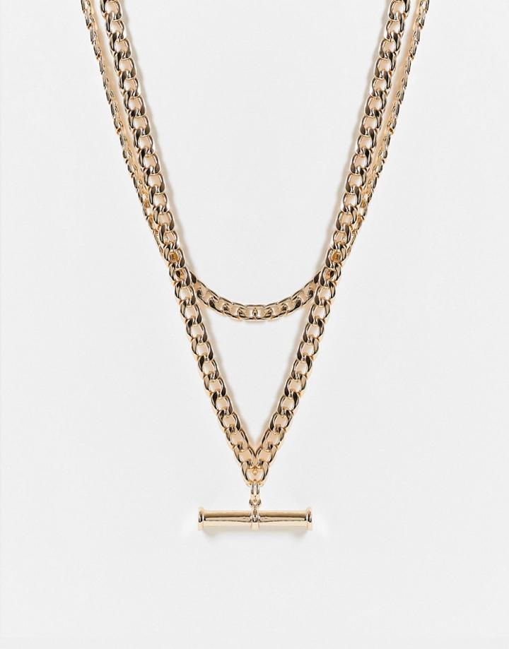 Asos Design Multirow Necklace With T Bar Pendant In Gold Tone