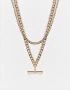 Asos Design Multirow Necklace With T Bar Pendant In Gold Tone
