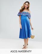 Asos Maternity Off Shoulder Sundress In Broderie - Blue
