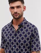 River Island Short Sleeve Shirt With Chain Print In Navy