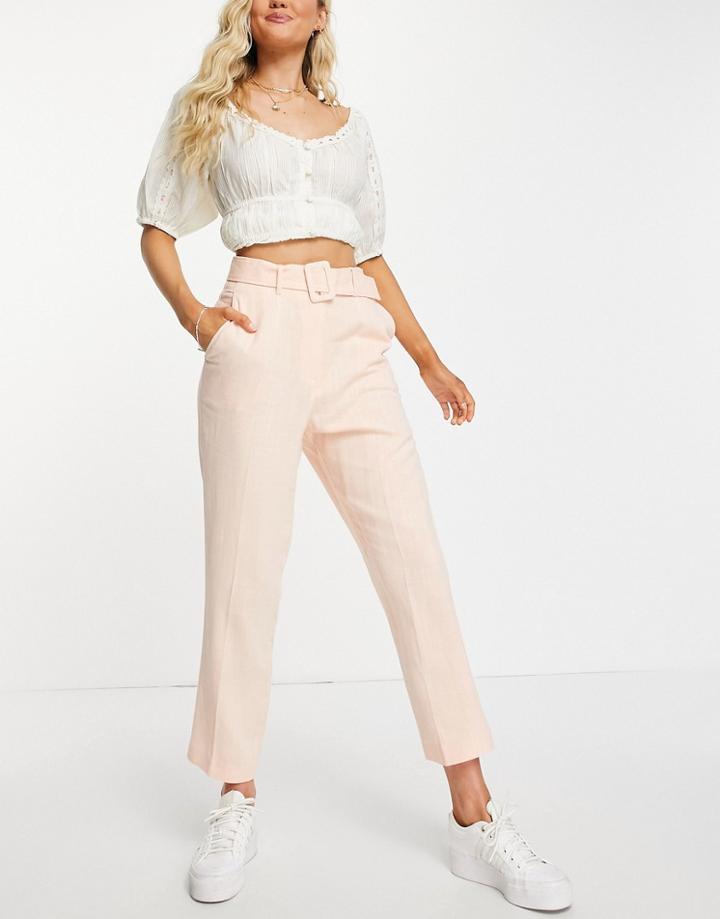 Miss Selfridge Belted Tapered Leg Linen Blend Pants In Peach - Part Of A Set-orange