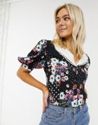 Asos Design Floral Print Blouse With Contrast Collar-multi