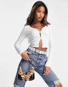 Topshop Button Front Notch Long Sleeve Top In White