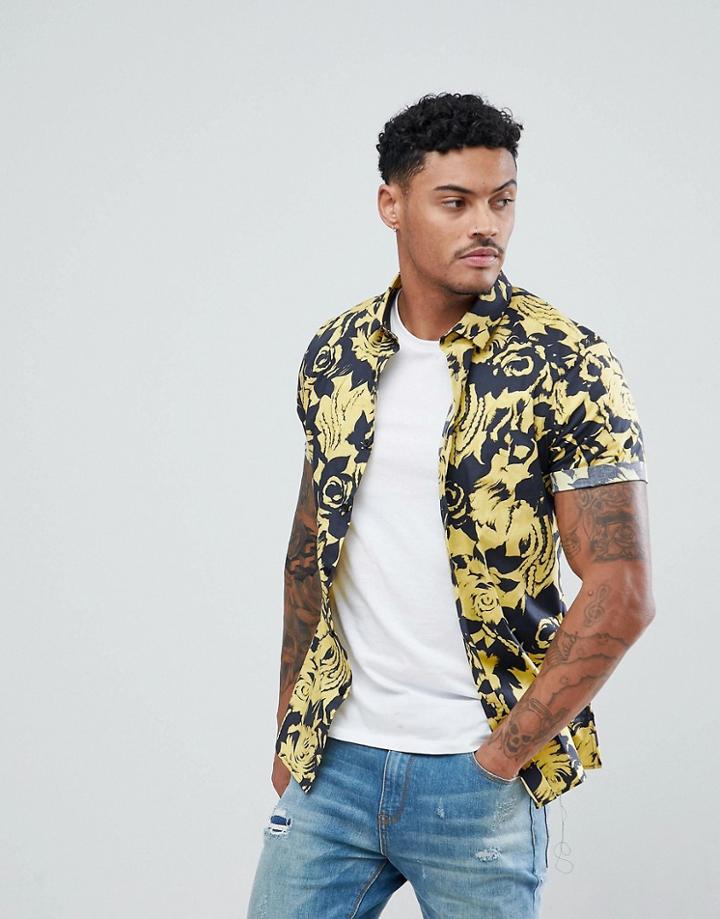 Asos Skinny Floral Print Shirt In Yellow - Black