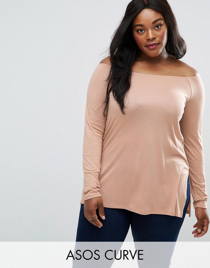 Asos Curve Off Shoulder Slouchy Top With Side Split - Pink