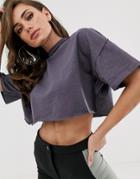 Asos Design Boxy Crop T-shirt With Exposed Seams In Charcoal - Gray