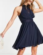 Tfnc Bridesmaid Mini Skater Dress With Lace Insert In Navy