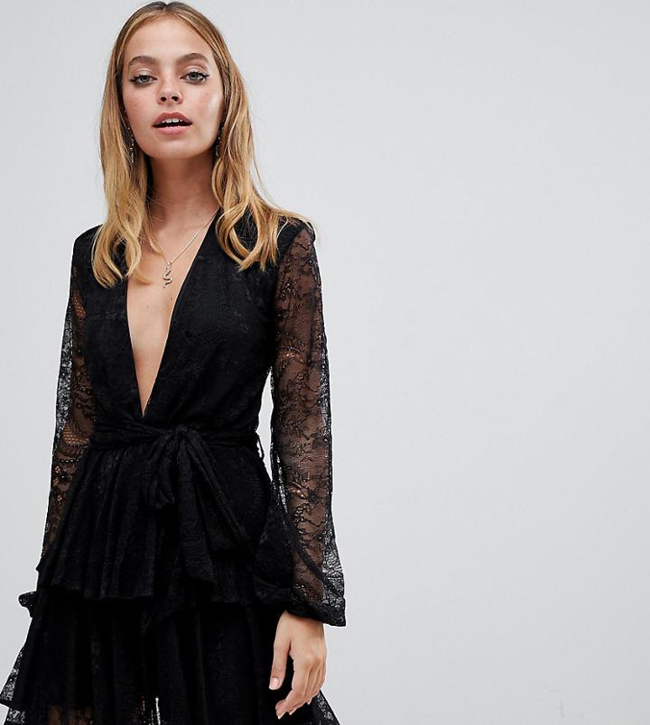 John Zack Petite Plunge Front Ruffle Lace Tea Dress In Black