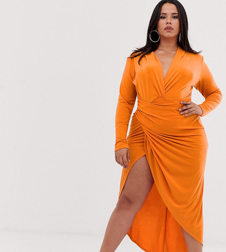 John Zack Plus Wrap Front Maxi Dress In Orange