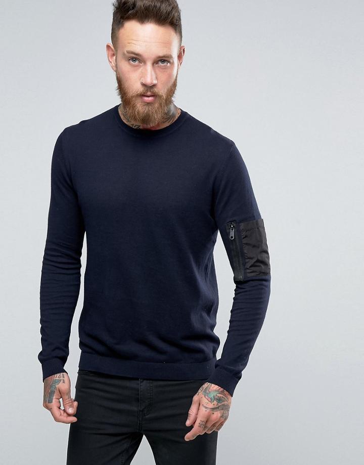 Asos Crew Neck Sweater With Military Pocket Styling - Navy