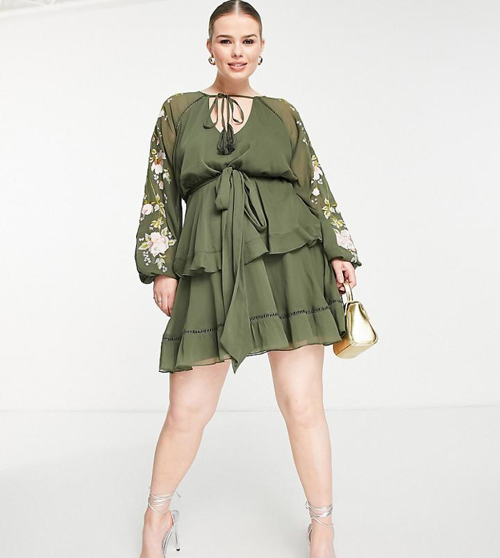 Asos Design Curve Blouson Sleeve Tiered Mini Dress With Embroidery In Khaki-green