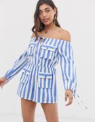 Moon River Pocket Detail Off Shoulder Romper - Blue