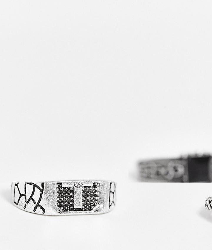 Asos Design 3 Pack Mixed Ring Set With Vintage Cross And Snake In Burnished Silver