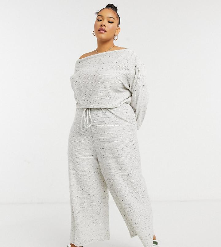 Asos Design Curve Jersey Slouchy Off Shoulder Jumpsuit In Gray Rib-grey