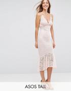 Asos Tall Lace Plunge Pephem Midi Dress - Pink