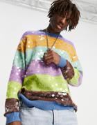 Asos Design Knit Rainbow Stripe Sweater With All-over Sequins-multi