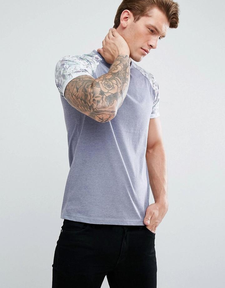 Solid T-shirt With Printed Raglan Sleeves - Blue