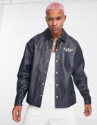 Asos Design Oversized Leather Harrington Jacket With Print In Navy