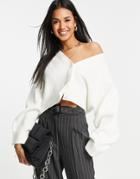 Topshop Knitted Crop Boxy Cardi In Ivory-white