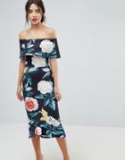 True Violet Bardot Pephem Midi Dress In Bold Floral Print - Black