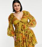 Asos Design Curve Soft Pleated Bodice Mini Dress With Tiered Skirt And Lace Up Back Detail In Olive Color Pop Floral-multi