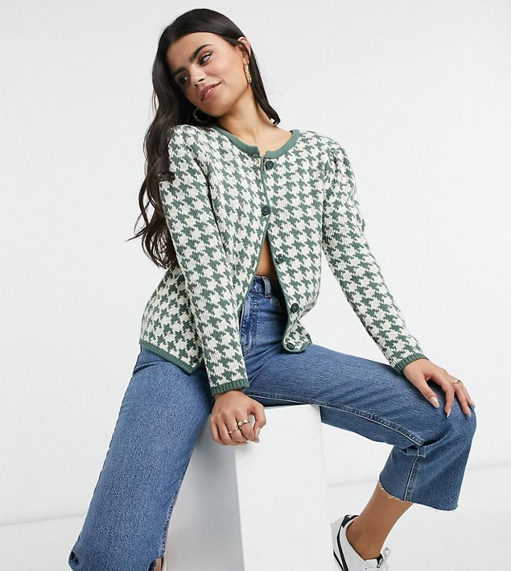 Asos Design Petite Cardigan In Dogtooth Pattern In Green