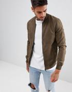 Pull & Bear Faux Suede Bomber In Khaki - Green