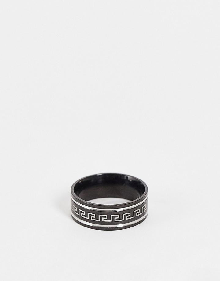 Asos Design Band Ring With Greek Wave In Black And Silver