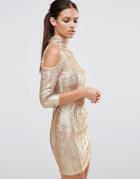 Tfnc High Neck Sequin Mini Dress With Cold Shoulder - Cream