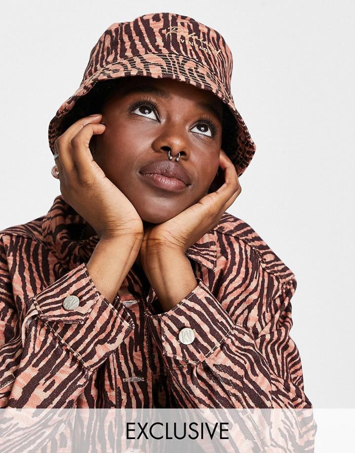Reclaimed Vintage Inspired Denim Bucket Hat In Tiger Print Set-multi