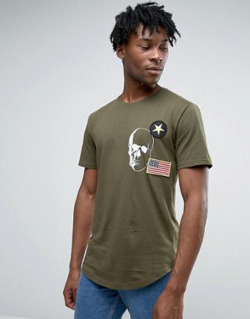Only & Sons Longline T-shirt With Badge Detailing And Curved Hem - Gre