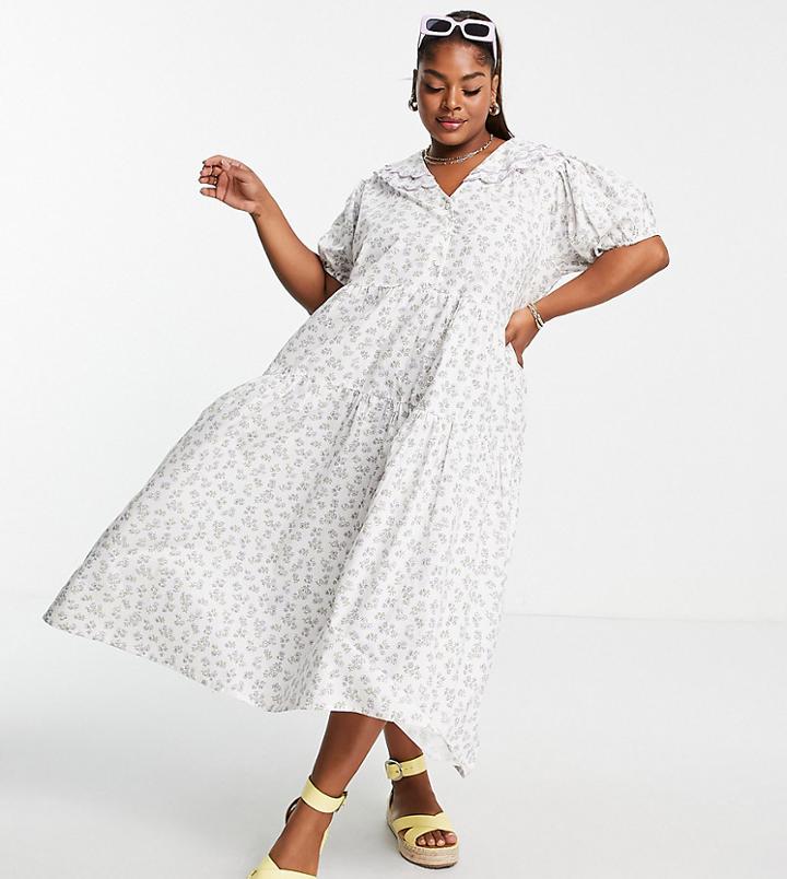 Neon Rose Plus Midi Smock Dress With Puff Sleeves And Vintage Embroidered Collar In Ditsy Floral-white