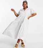Neon Rose Plus Midi Smock Dress With Puff Sleeves And Vintage Embroidered Collar In Ditsy Floral-white