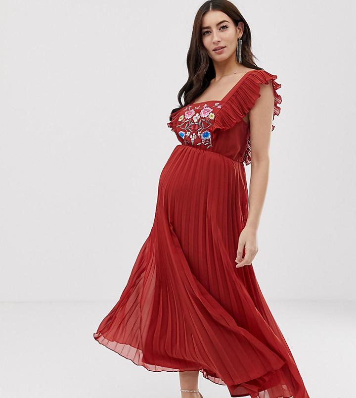 Asos Design Maternity Pleated Embroidered Square Neck Skater Midi Dress - Red