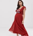 Asos Design Maternity Pleated Embroidered Square Neck Skater Midi Dress - Red