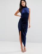 Club L Velvet High Neck Asymmetric Hem Midi Dress - Blue