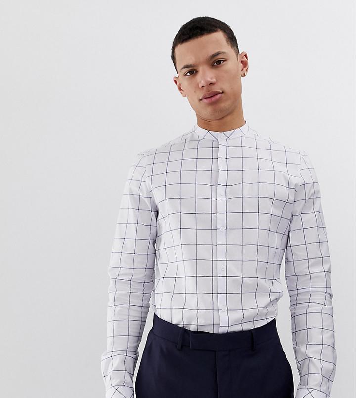 Asos Design Tall Slim Fit Grandad Collar Shirt With Grid Design - White