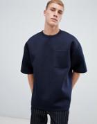 Asos Design Oversized T-shirt With Half Sleeve In Scuba Fabric With Pocket In Navy - Navy