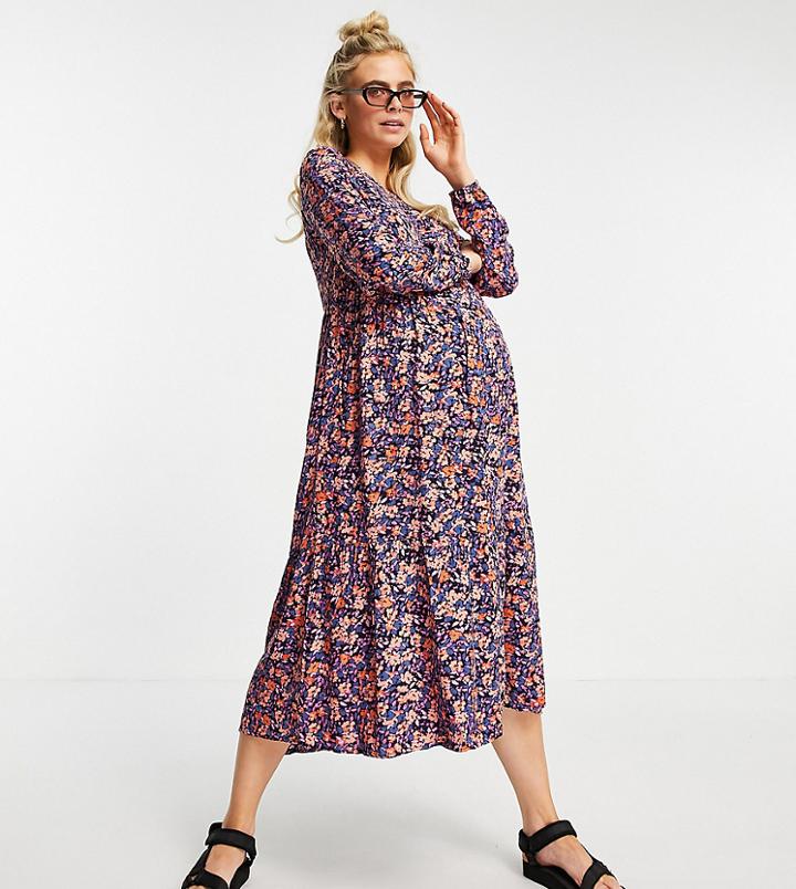 Pieces Maternity Midi Smock Dress In Purple Floral-multi