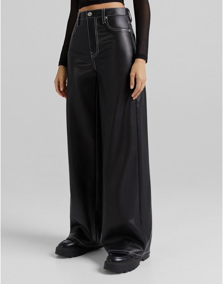 Bershka Wide Leg Faux Leather Dad Pant With Contrast Seam In Black
