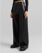Bershka Wide Leg Faux Leather Dad Pant With Contrast Seam In Black