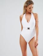 Asos Fuller Bust Exclusive Gold Buckle Belted Swimsuit Dd-g - White