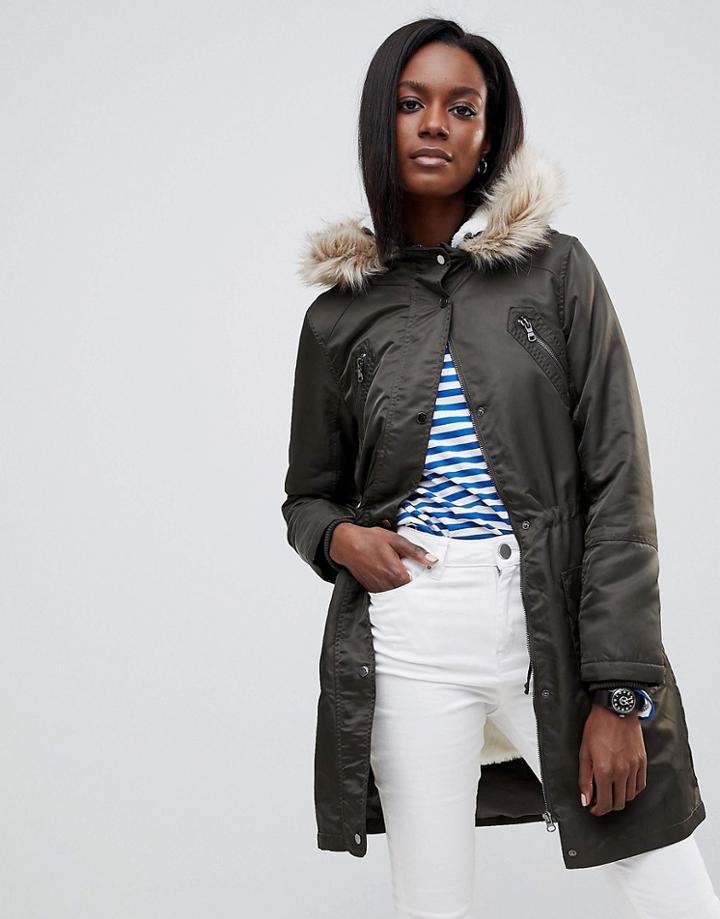 Oasis Faux Fur Trim Longline Parka - Green
