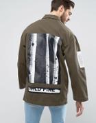 Asos Denim Worker Jacket With Print Detail In Khaki - Green