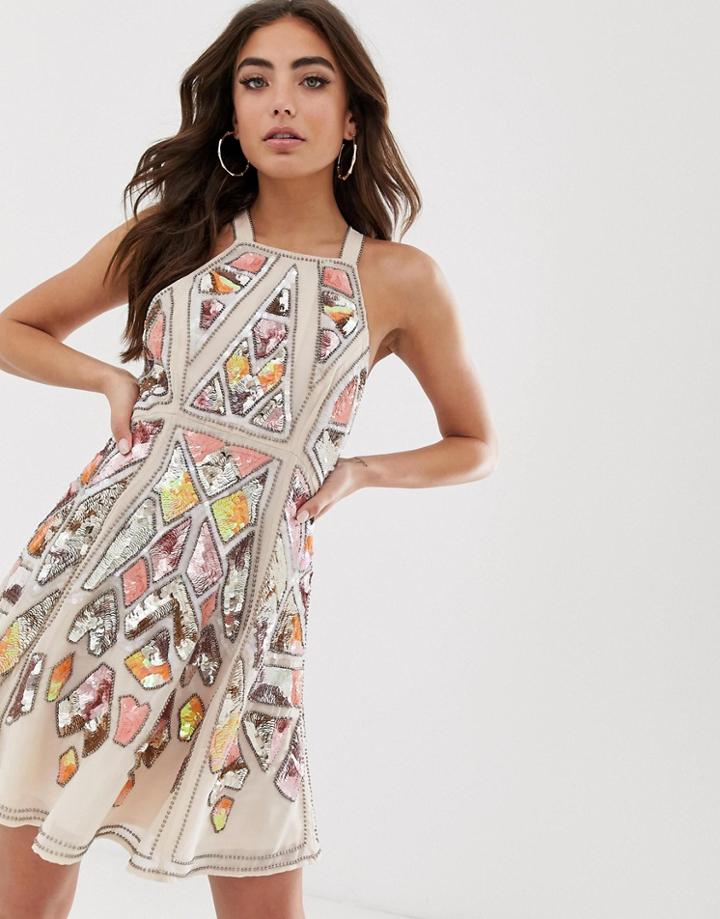 Asos Design Geo-tribal Embellished Mini Skater Dress - Pink
